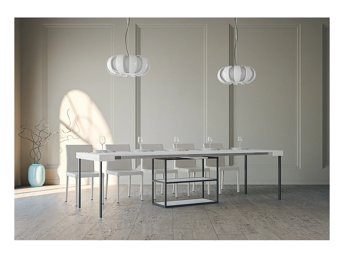 Console extensible 90x40/300 cm Plano Frêne Blanc cadre Anthracite