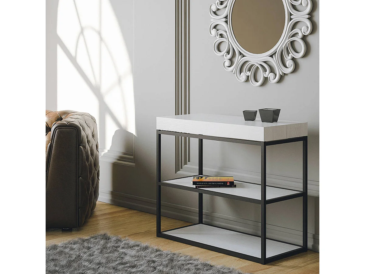 Console extensible 90x40/300 cm Plano Frêne Blanc cadre Anthracite
