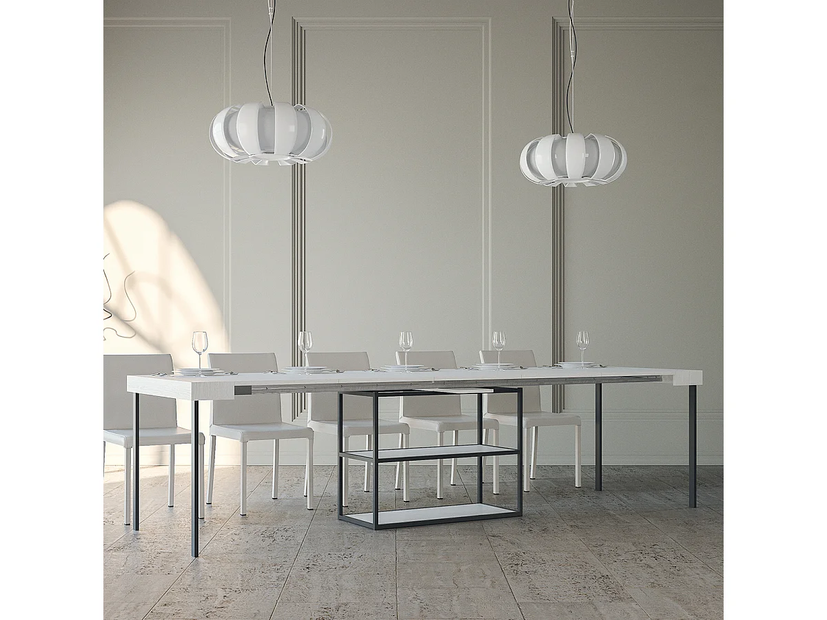 Console extensible 90x40/300 cm Plano Frêne Blanc cadre Anthracite