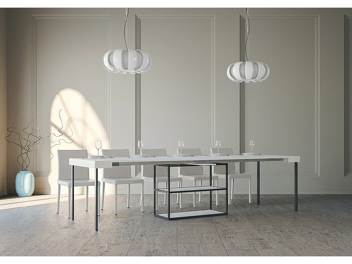 Console extensible 90x40/300 cm Plano Frêne Blanc cadre Anthracite