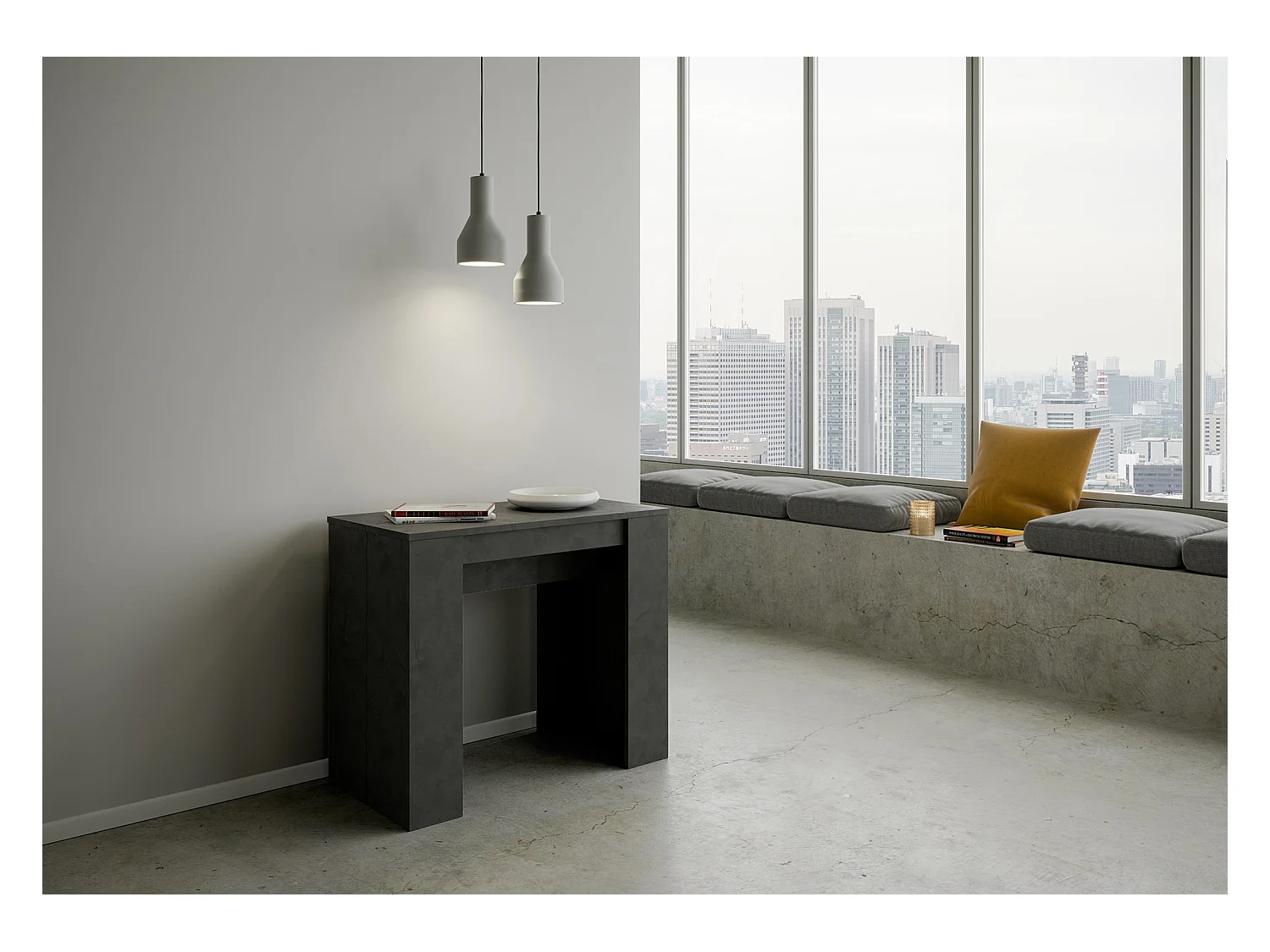 Bina uitschuifbare houten console 90x48/204 of 90x48/308 cm-Kleur Houtskool grijs-Verlengsnoeren 3 uitbreidingen