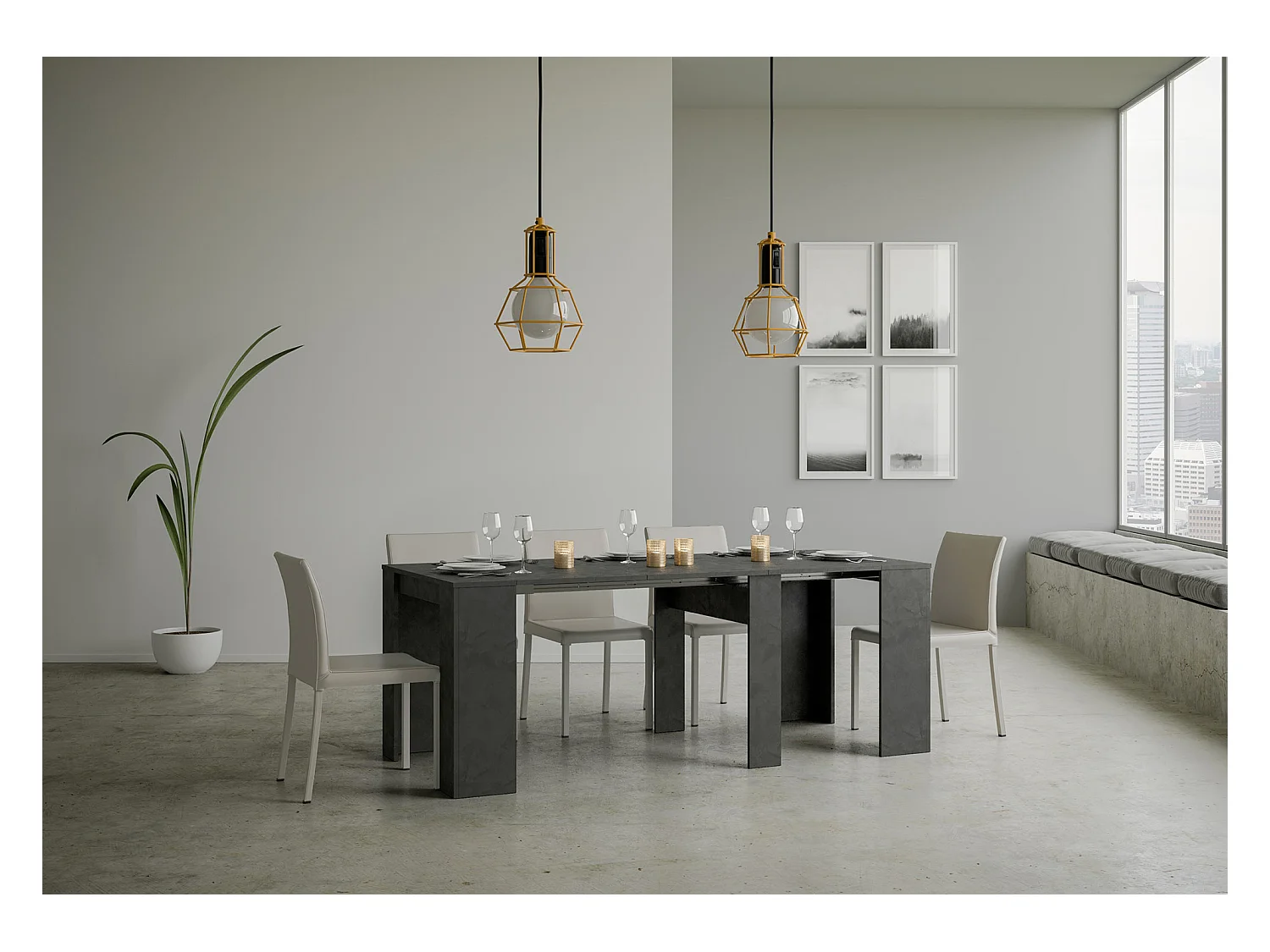 Bina uitschuifbare houten console 90x48/204 of 90x48/308 cm-Kleur Houtskool grijs-Verlengsnoeren 3 uitbreidingen