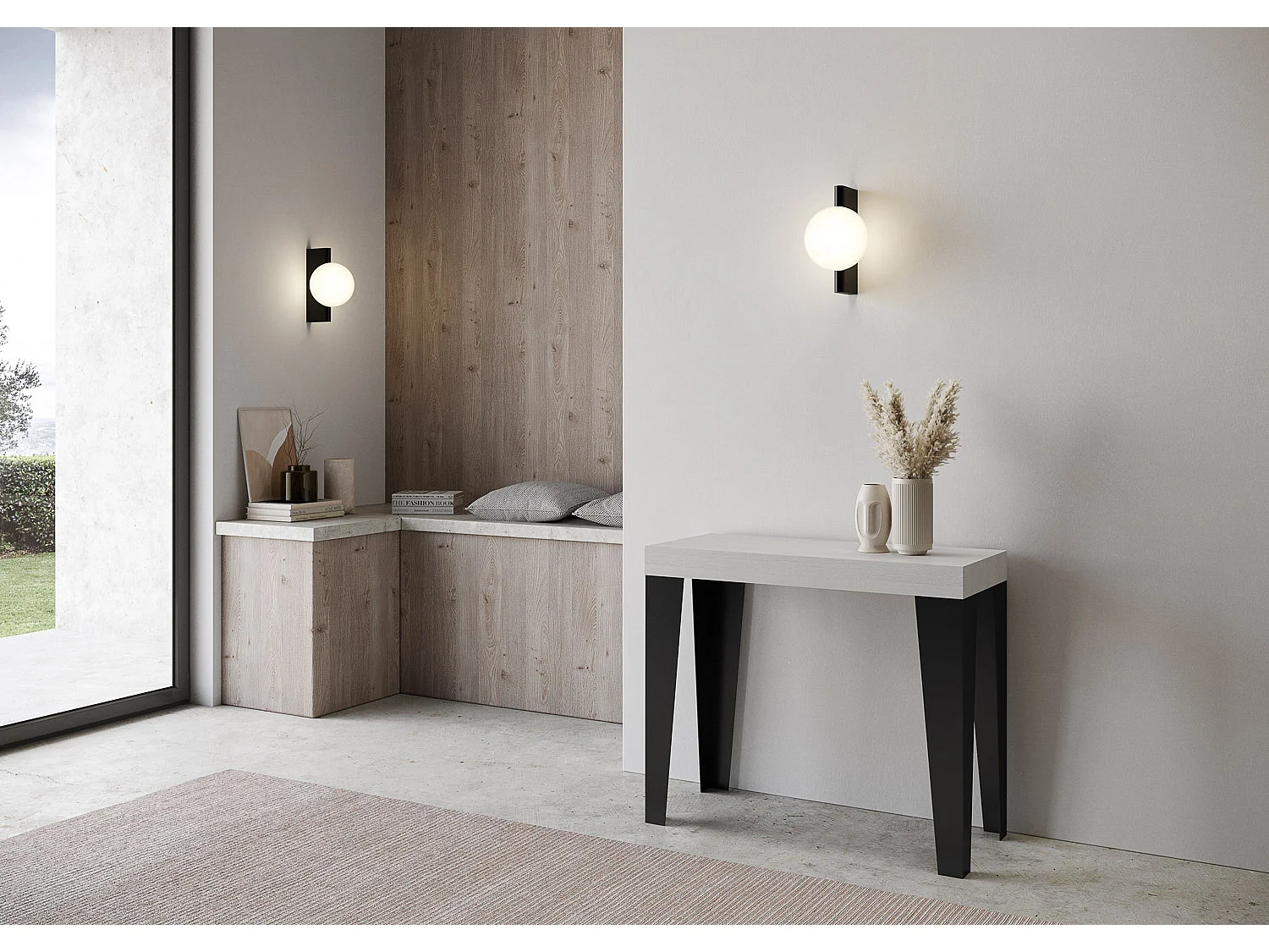 Console extensible 90x40/196 cm Flame Small Premium frêne blanc pieds anthracite