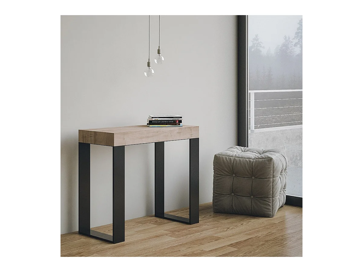 Consola extensible Lona de madera y acero 90x40/196 o 90x40/300 cm-Color Natural-Soporte 2 pies-3 alargaderas finas