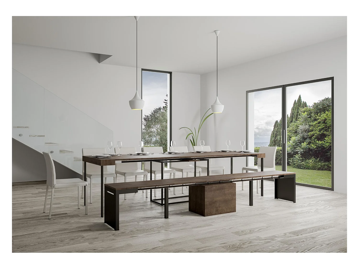 Ausziehbare Sitzbank 55x40/305 cm Walk Nussbaum mit Eisenrahmen aus Anthrazit