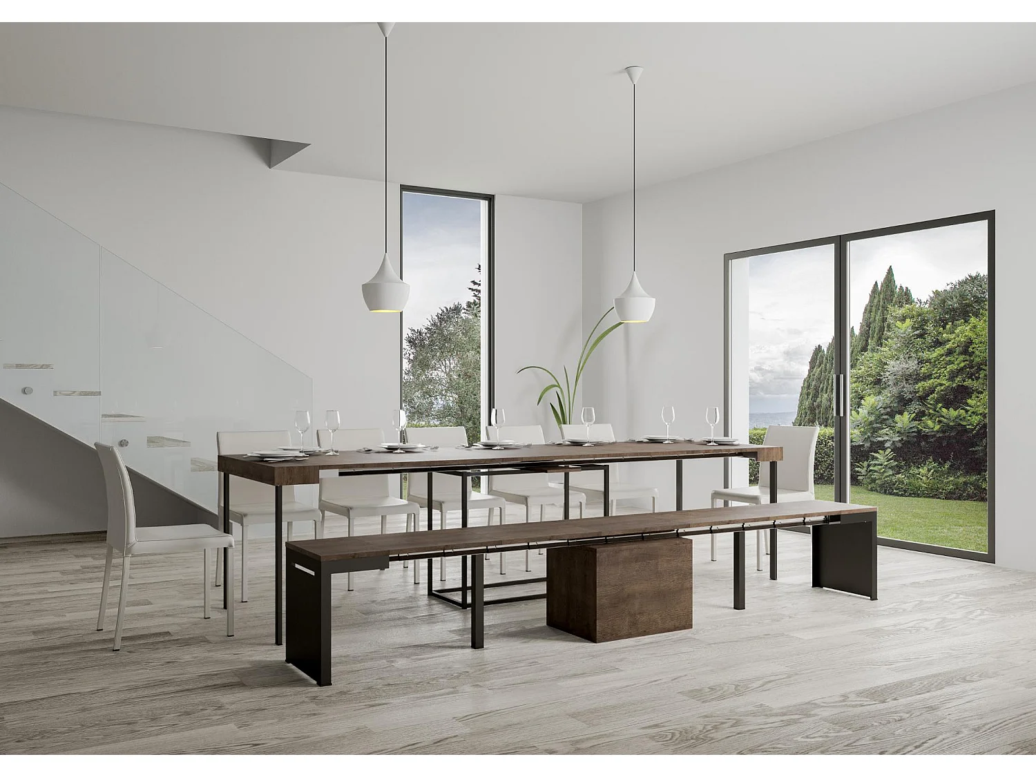 Banc extensible 55x40/305 cm Walk Noyer rallonges internes cadre Anthracite