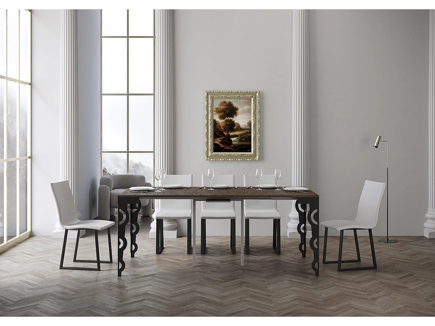 Ausziehbarer Konsolentisch 90x40/300 cm Karamay Evolution Nussbaum mit Eisenrahmen aus Anthrazit