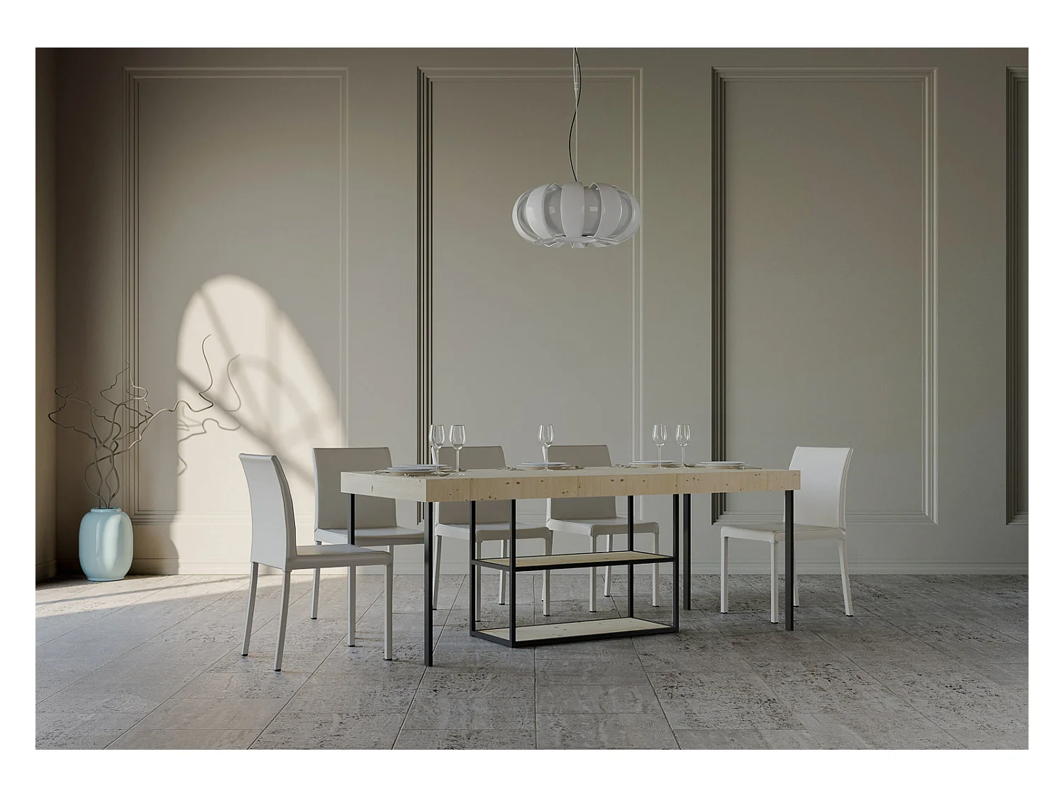 Consola extensible de madera maciza clara con patas de acero antracita de 40 a 190 cm Kanel - Premium-Versión Premium