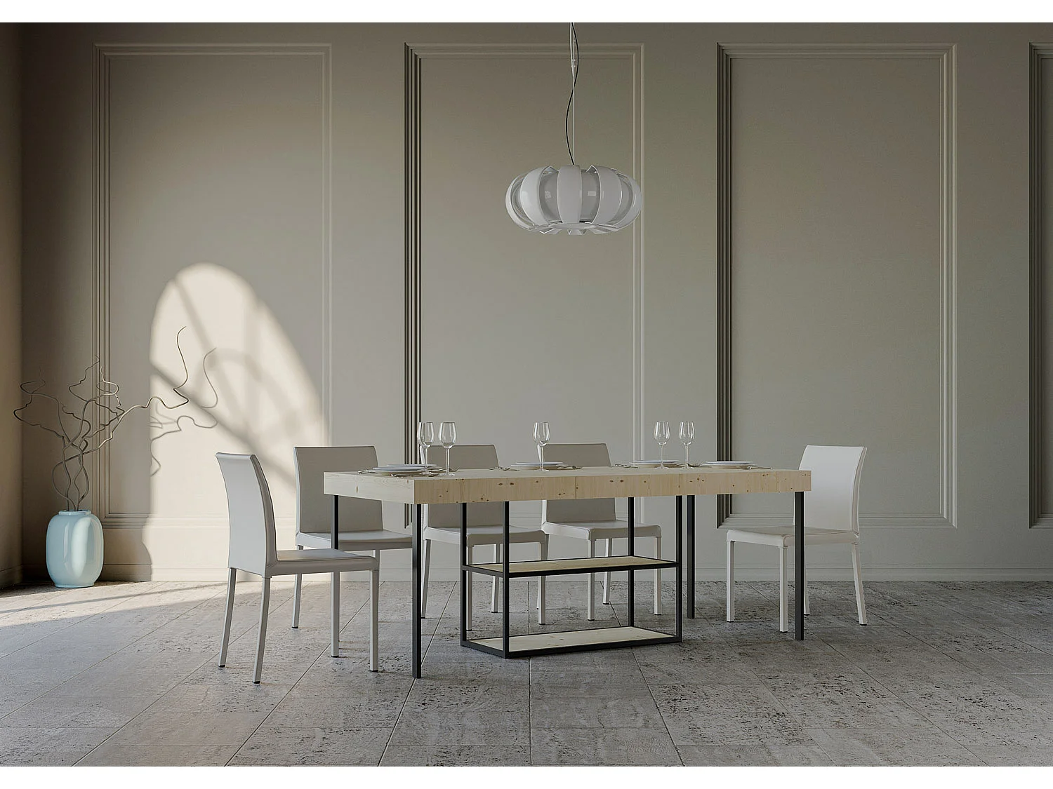 Consola extensible de madera maciza clara con patas de acero antracita de 40 a 190 cm Kanel - Premium-Versión Premium