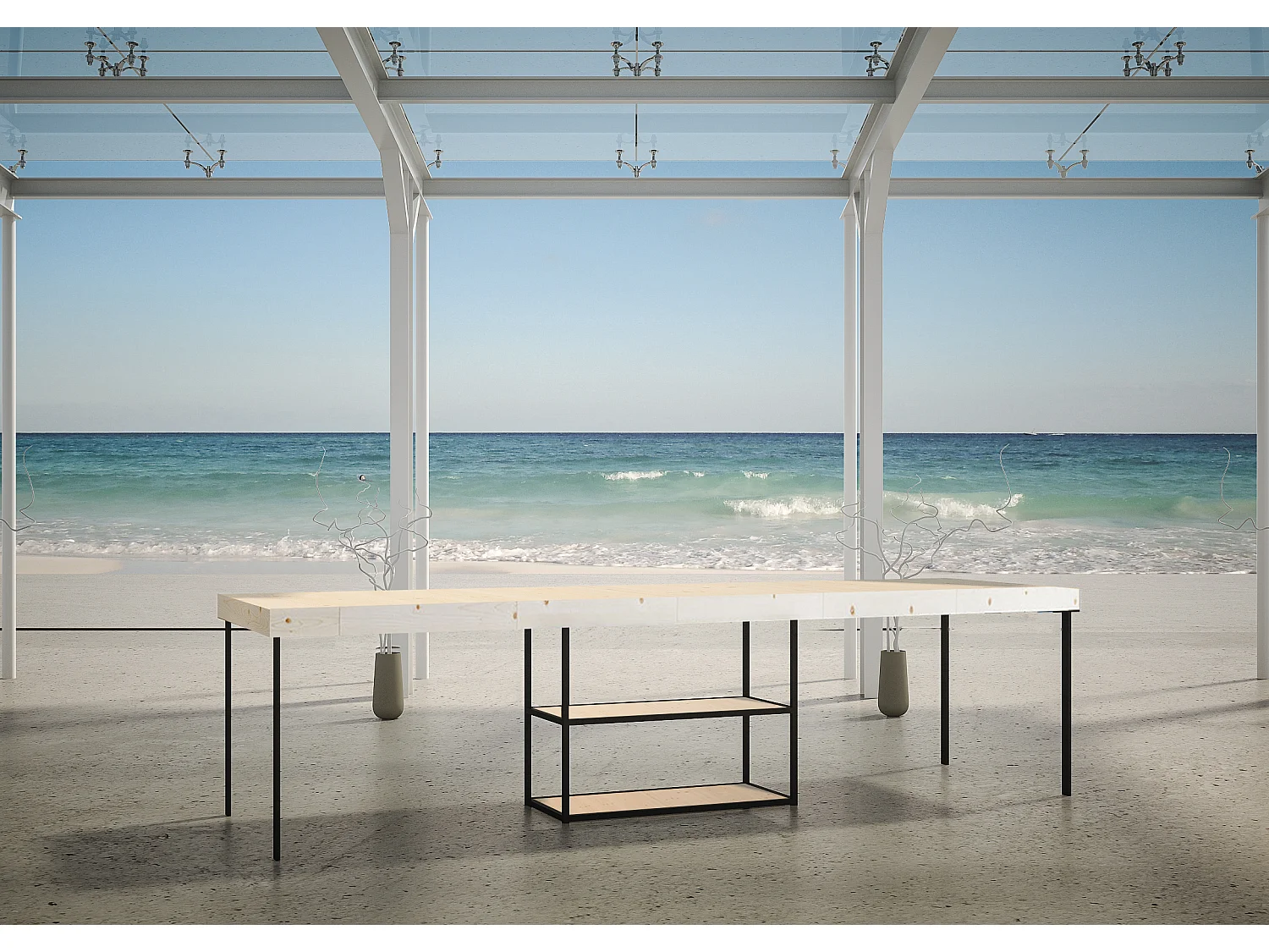 Consola extensible de madera maciza clara con patas de acero antracita de 40 a 190 cm Kanel - Premium-Versión Premium