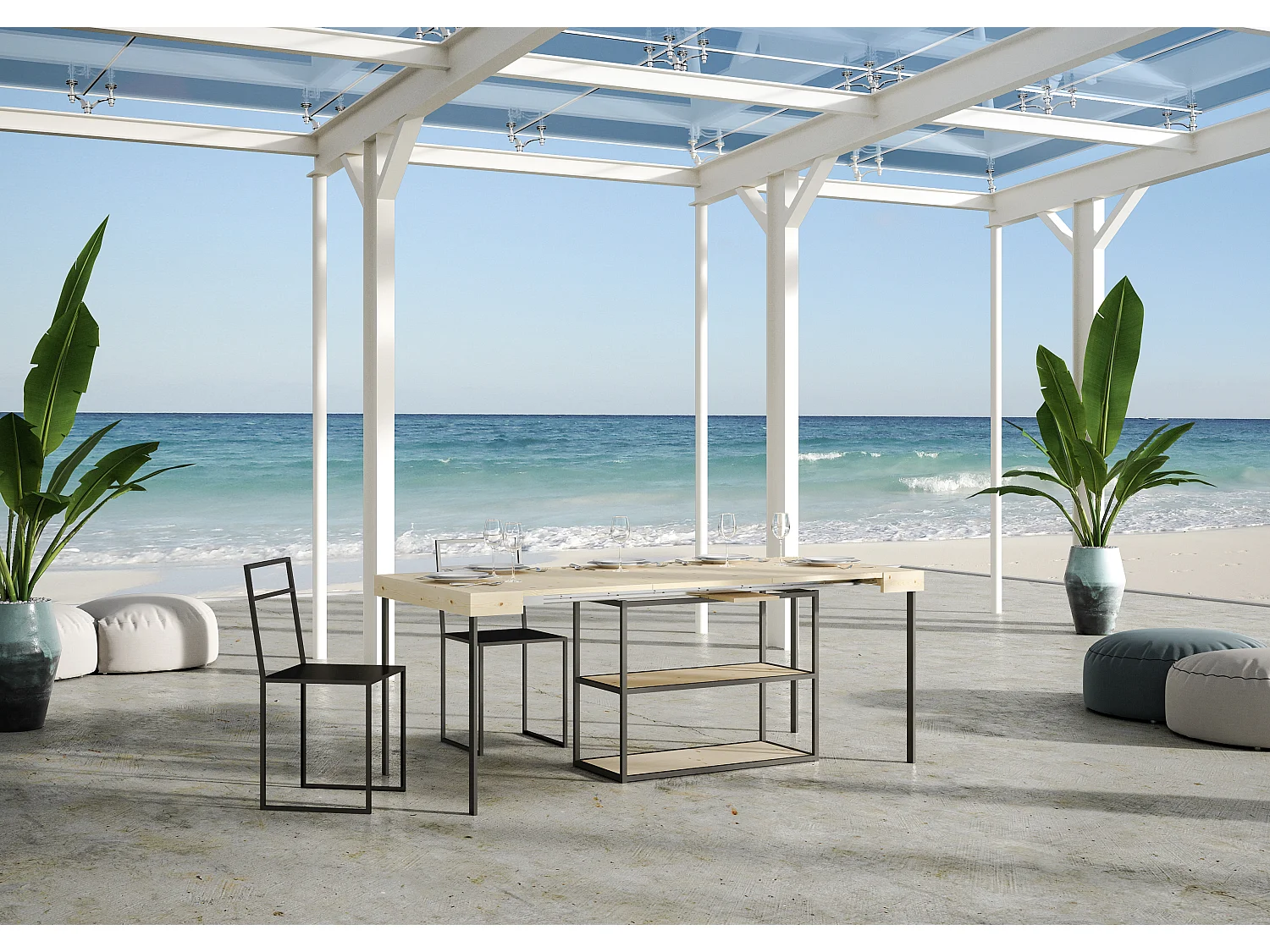 Consola extensible de madera maciza clara con patas de acero antracita de 40 a 190 cm Kanel - Premium-Versión Premium