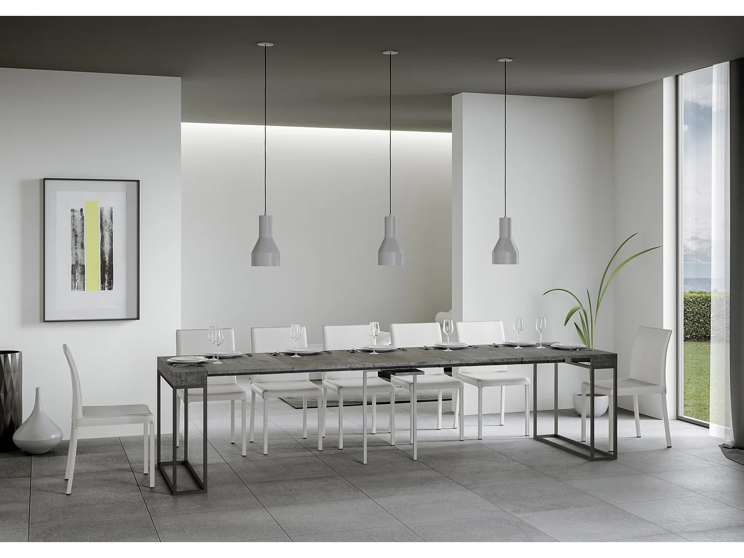 Console extensible 90x40/300 cm Epoca Gris Béton cadre Anthracite