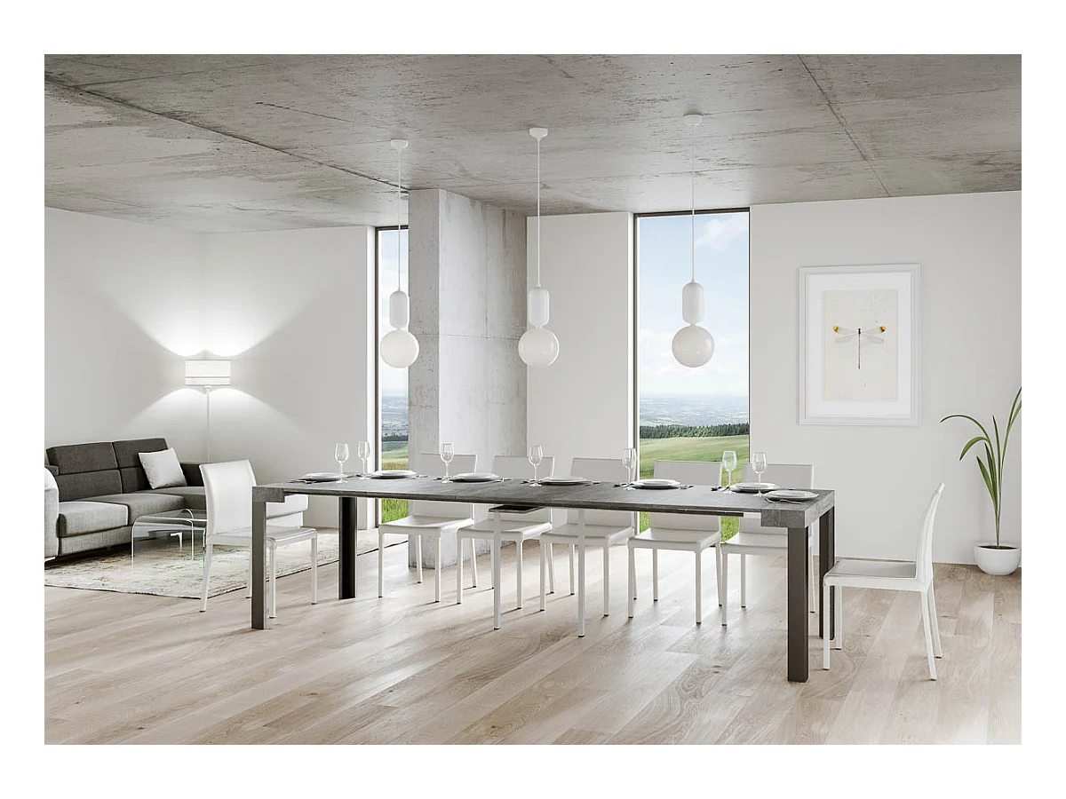 Uitschuifbare sidetable 90x40/300 cm Linea cement met antraciet frame