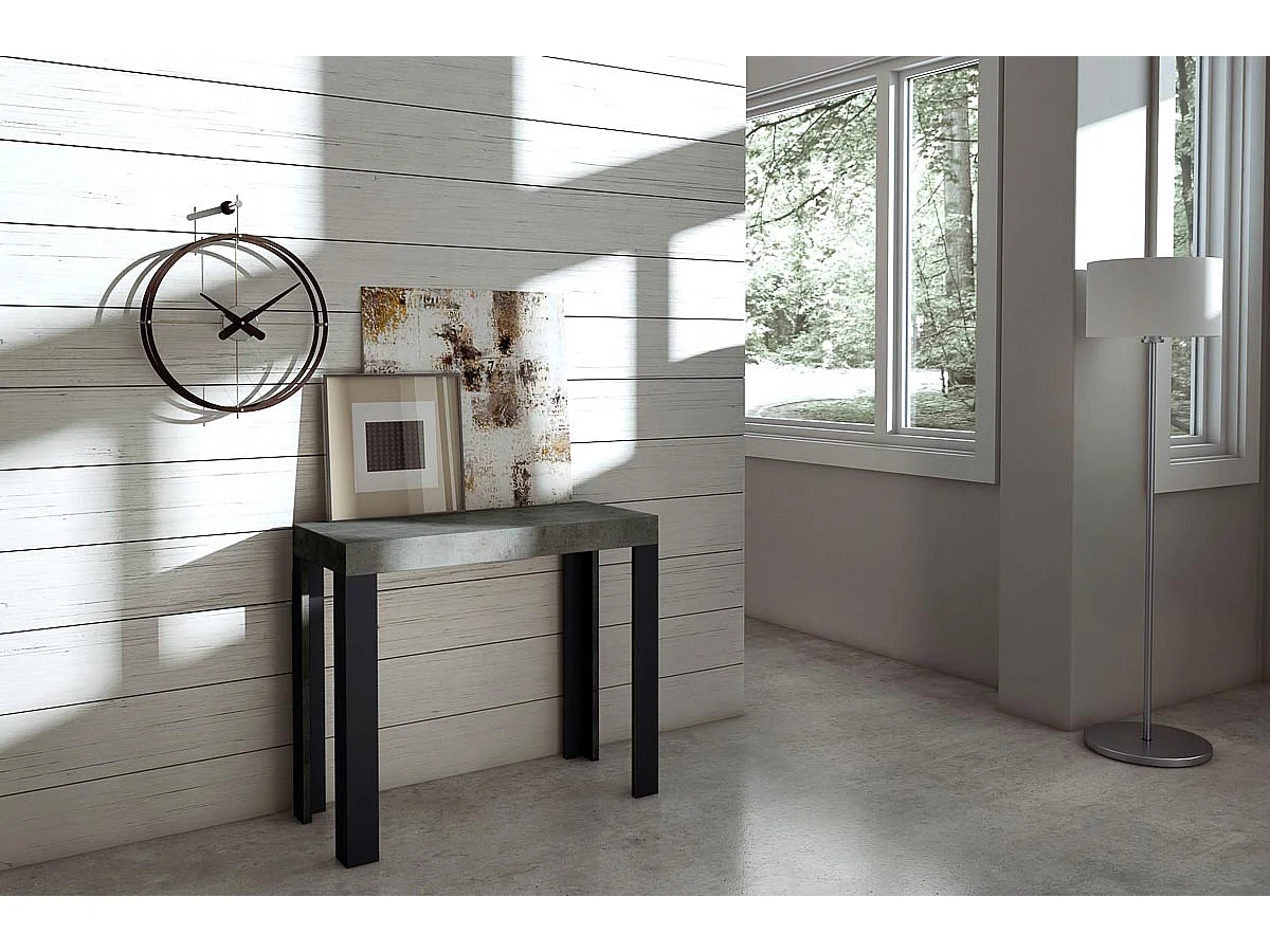 Uitschuifbare sidetable 90x40/300 cm Linea cement met antraciet frame