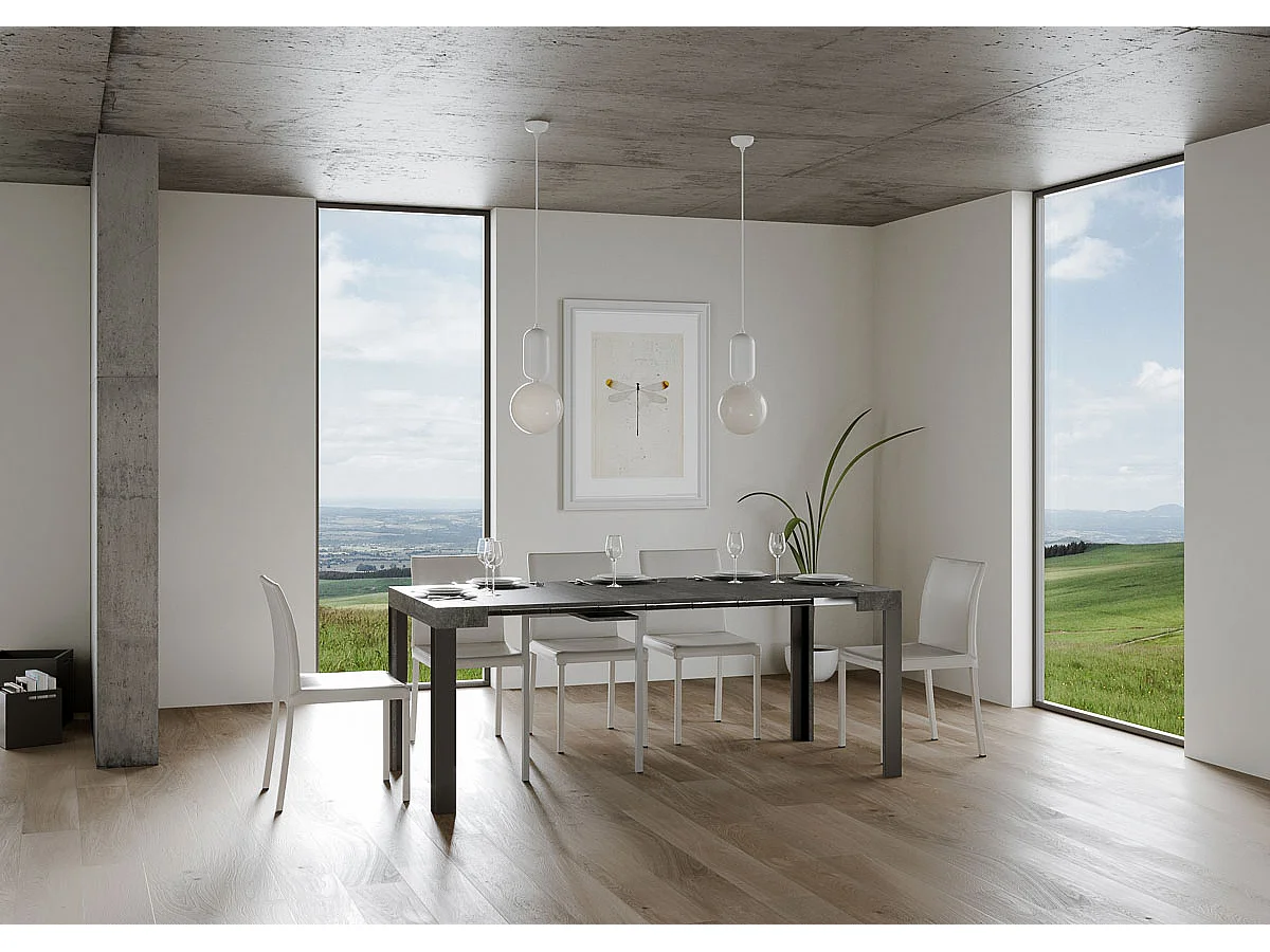 Uitschuifbare sidetable 90x40/300 cm Linea cement met antraciet frame