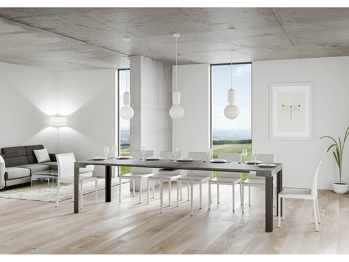 Uitschuifbare sidetable 90x40/300 cm Linea cement met antraciet frame