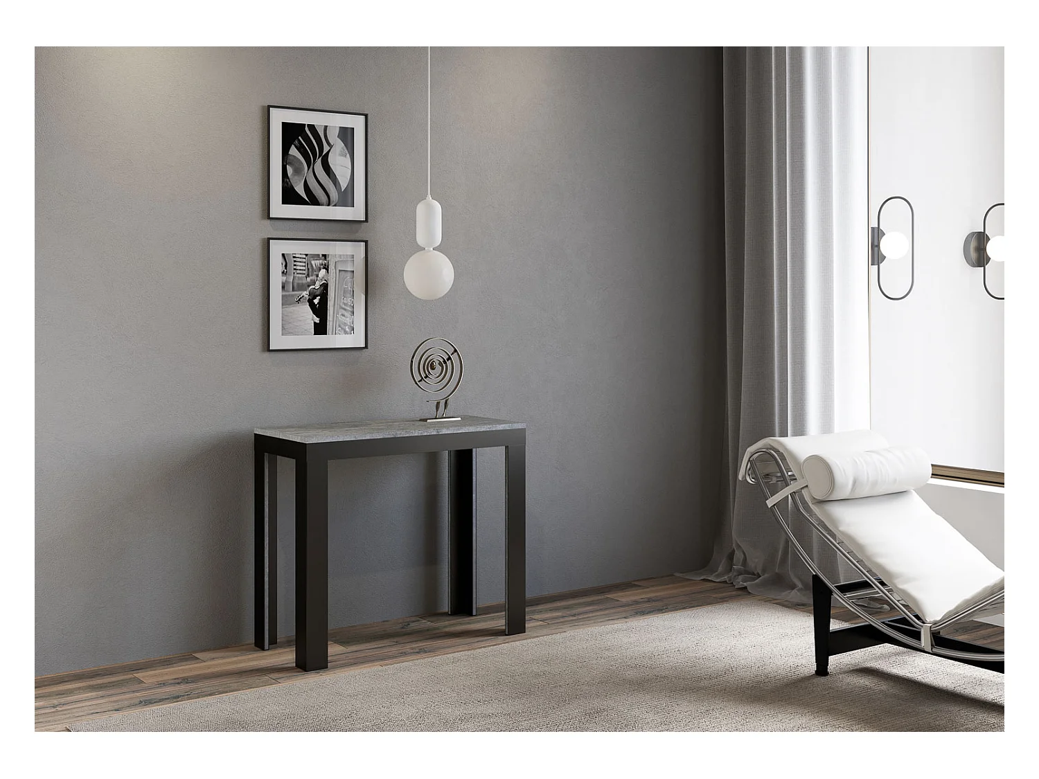 Uitschuifbare sidetable 90x40/196 cm Linea Evolution Small cement met antraciet frame