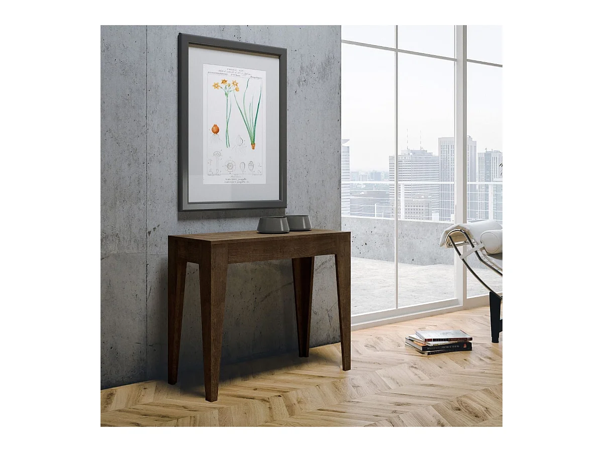 Kanda moderne uitschuifbare houten console 90x42/198 of 90x42/302 cm-Kleur Bruin-Steun 2 voet-Verlengsnoeren 5 uitbreidingen