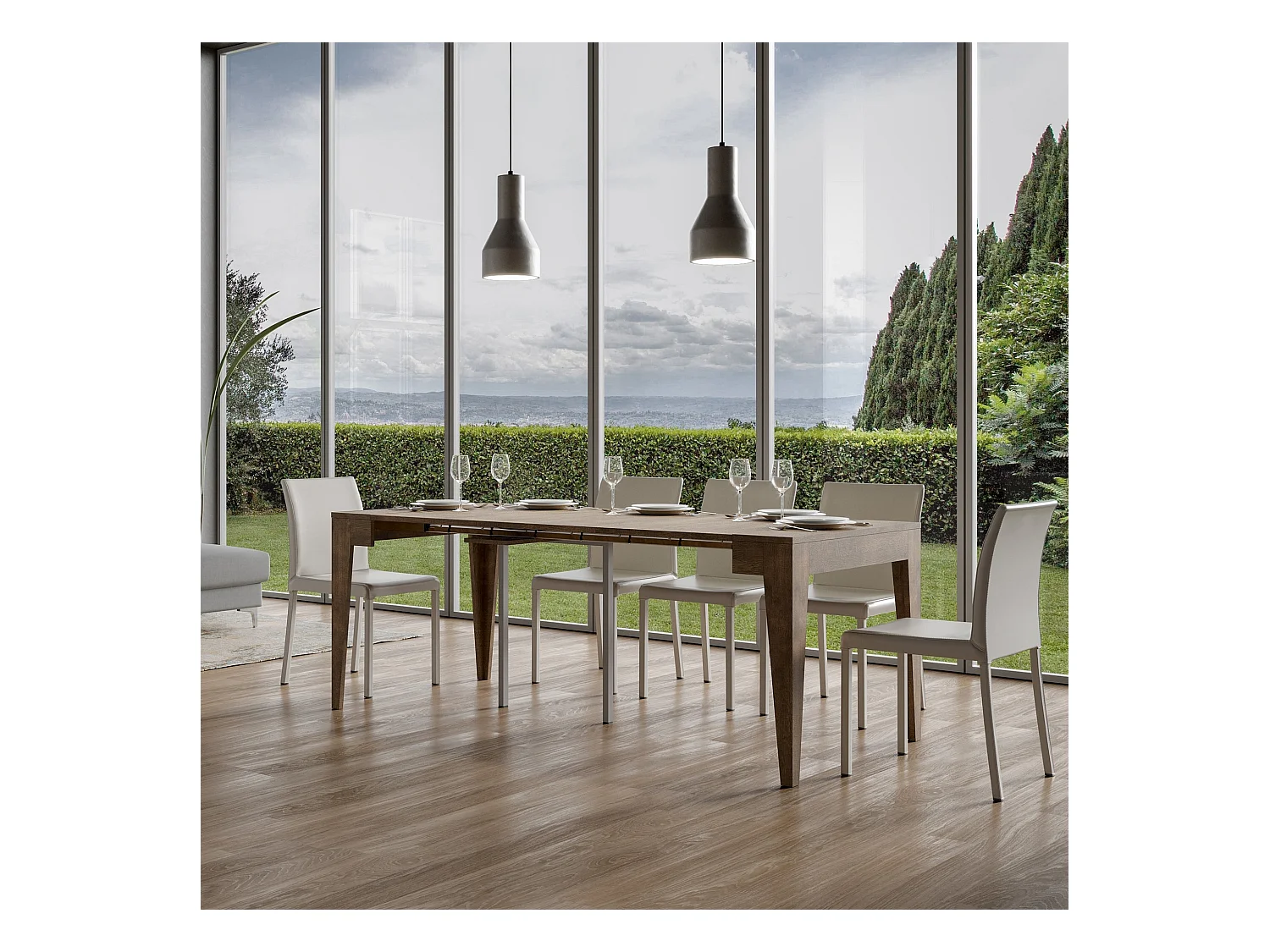 Kanda moderne uitschuifbare houten console 90x42/198 of 90x42/302 cm-Kleur Bruin-Steun 2 voet-Verlengsnoeren 5 uitbreidingen