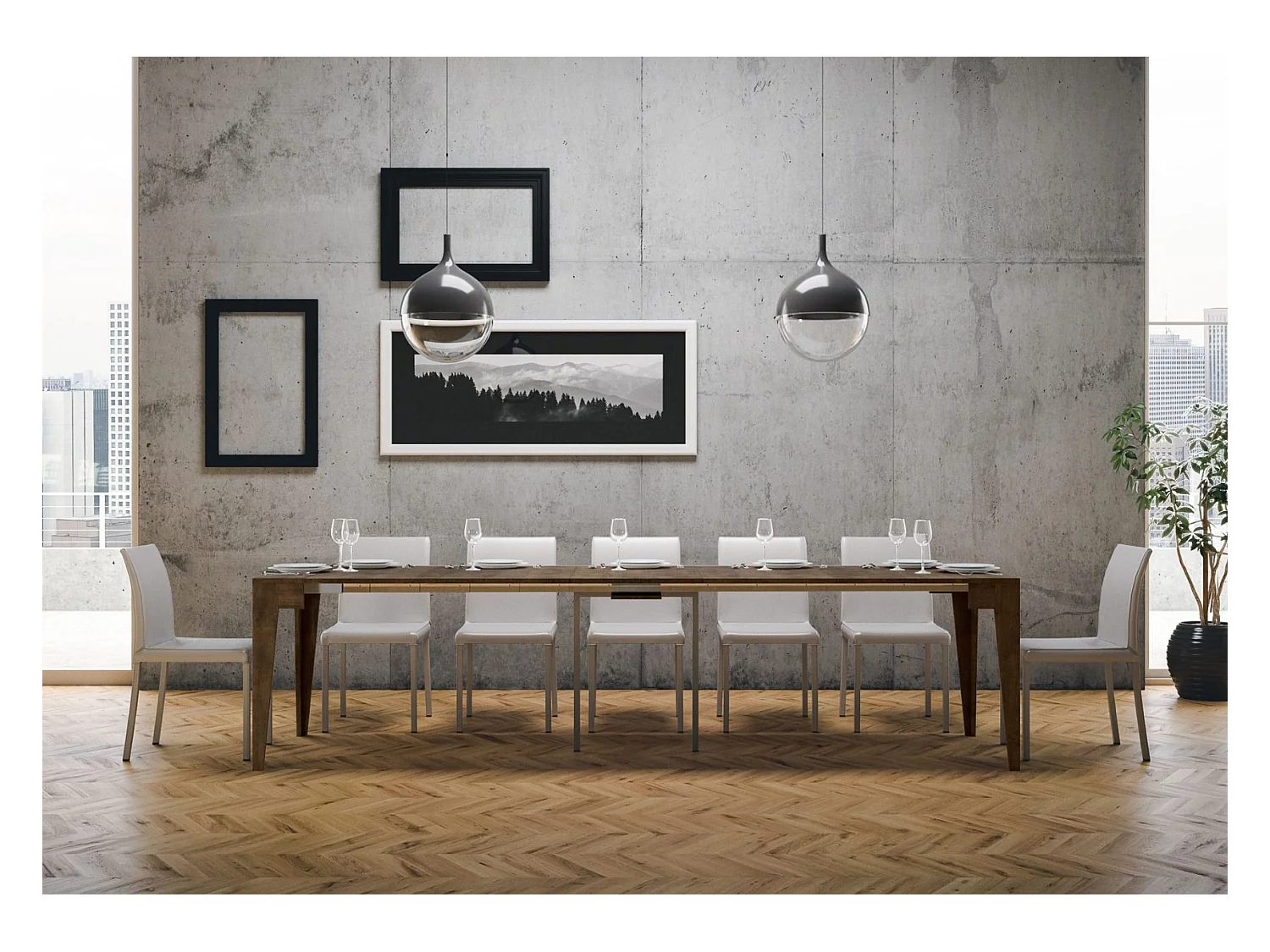 Kanda moderne uitschuifbare houten console 90x42/198 of 90x42/302 cm-Kleur Bruin-Steun 2 voet-Verlengsnoeren 5 uitbreidingen