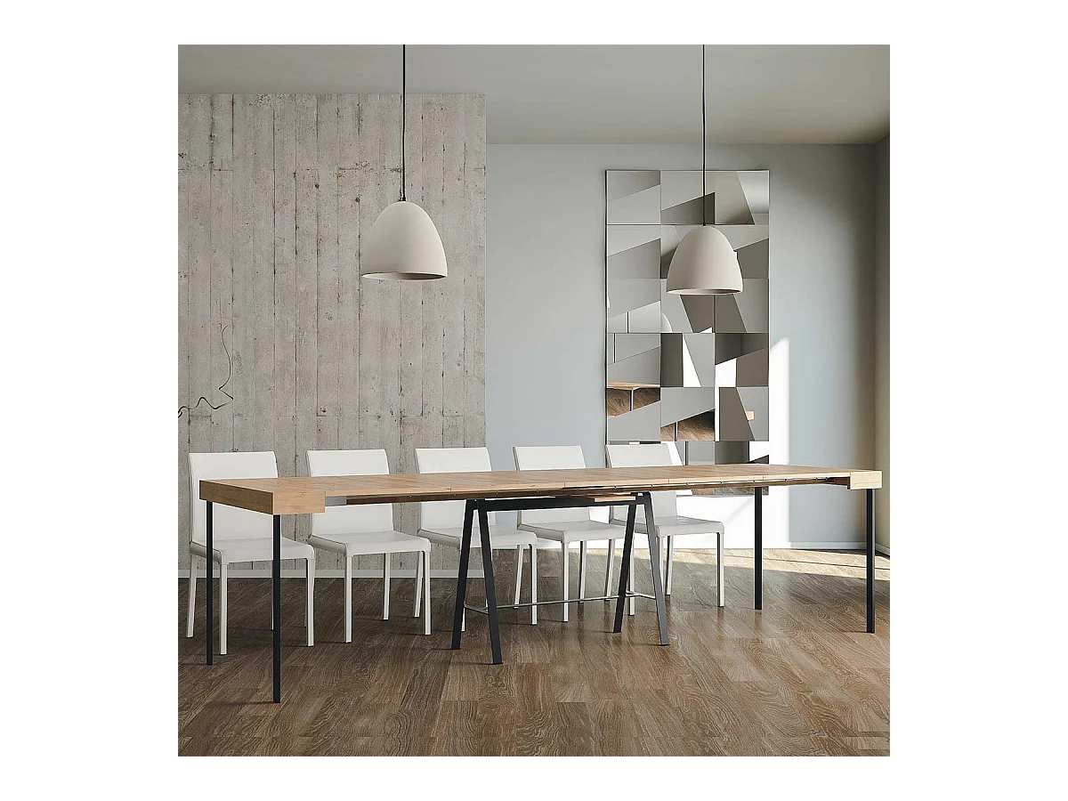 Ausziehbarer Konsolentisch 90x40/300 cm Banco Eiche Natur mit Eisenrahmen aus Anthrazit