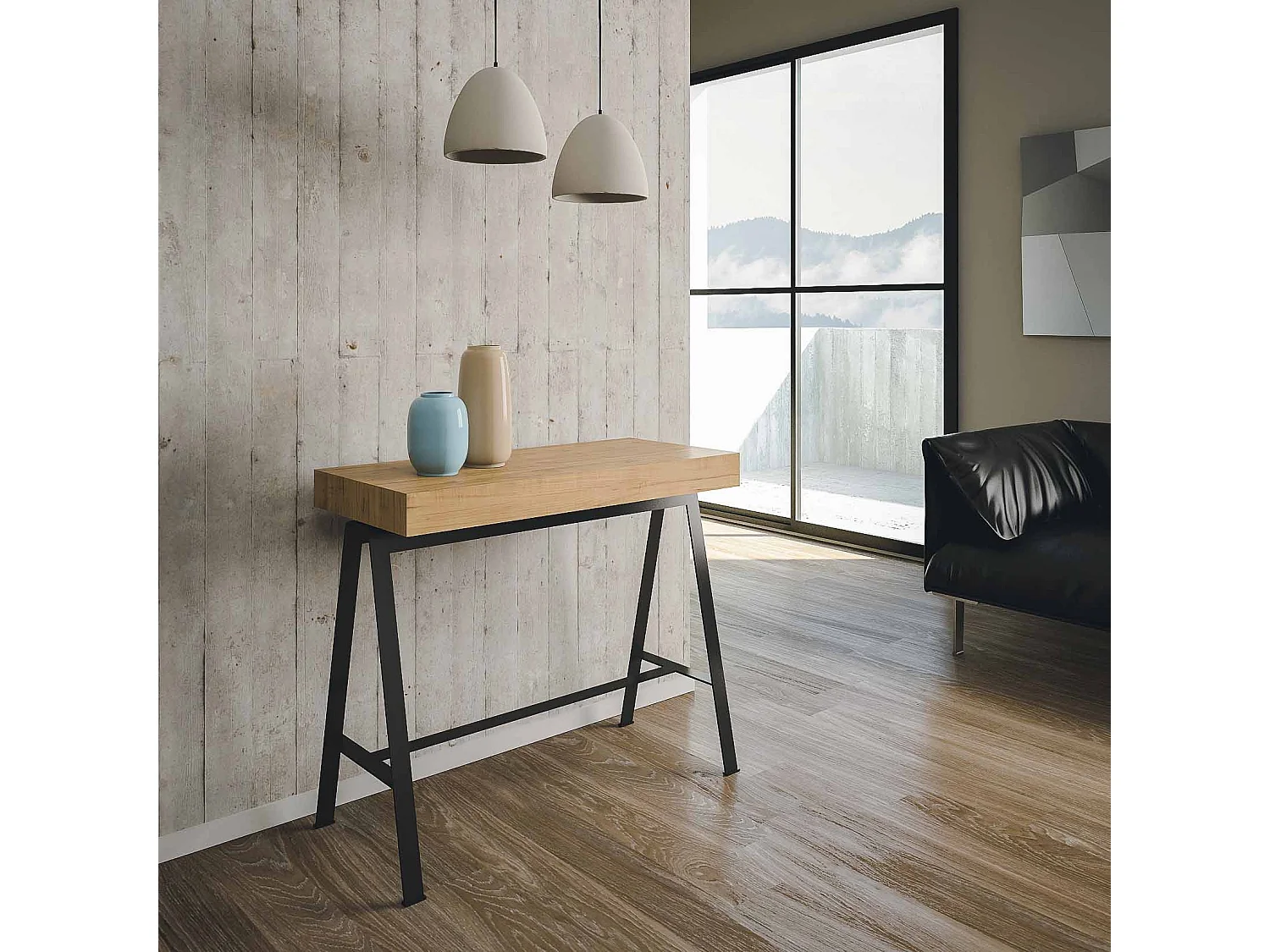 Console extensible 90x40/300 cm Banco Chêne Nature cadre Anthracite