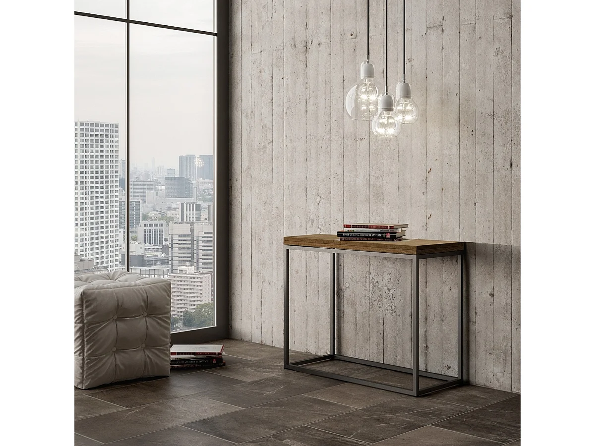 Uitschuifbare houten console en dunne antraciet metalen poten 90x45/90 cm Noro-Kleur Natuurlijk
