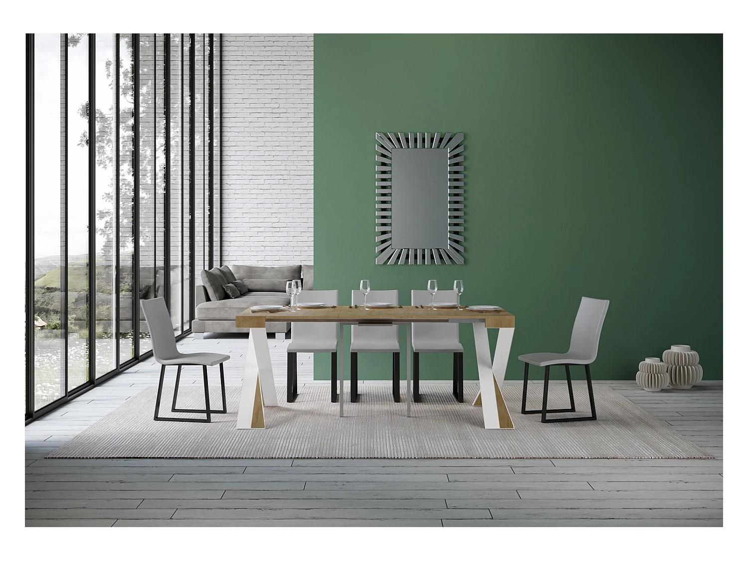 Uitschuifbare console in hout en wit stalen gekruiste poten Diago 90x40/196 of 90x40/300 cm-Kleur Natuurlijk-Steun 2 voet-Verlengsnoeren 5 dunne verlengingen