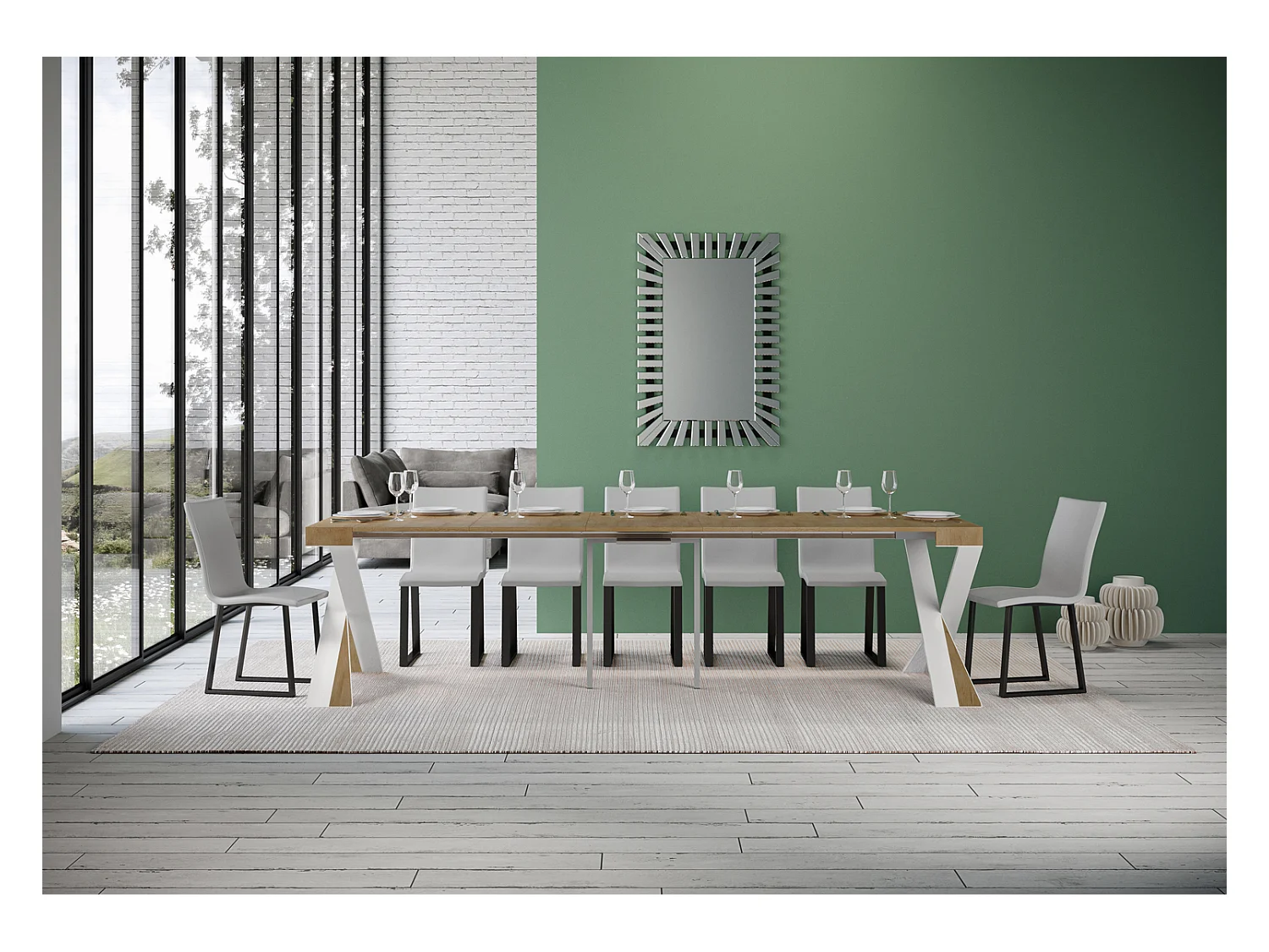 Uitschuifbare console in hout en wit stalen gekruiste poten Diago 90x40/196 of 90x40/300 cm-Kleur Natuurlijk-Steun 2 voet-Verlengsnoeren 5 dunne verlengingen