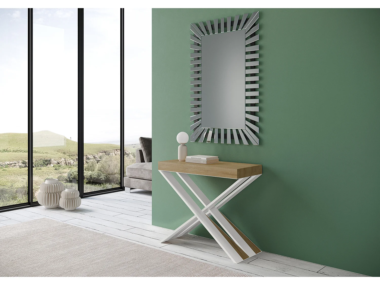 Console extensible 90x40/300 cm Diago chêne nature pieds blancs