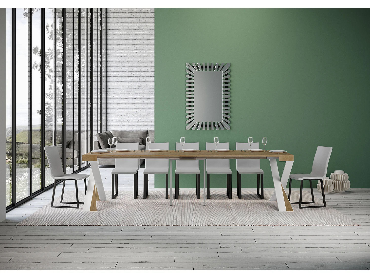 Console extensible 90x40/300 cm Diago chêne nature pieds blancs