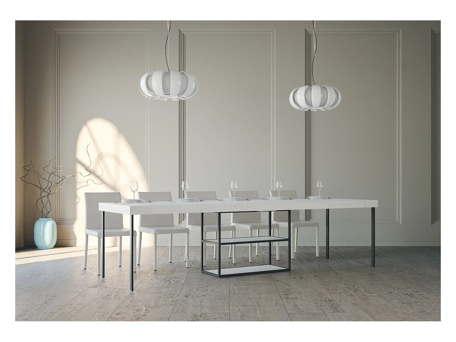 Console extensible 90x40/300 cm Plano Premium Frêne Blanc cadre Anthracite