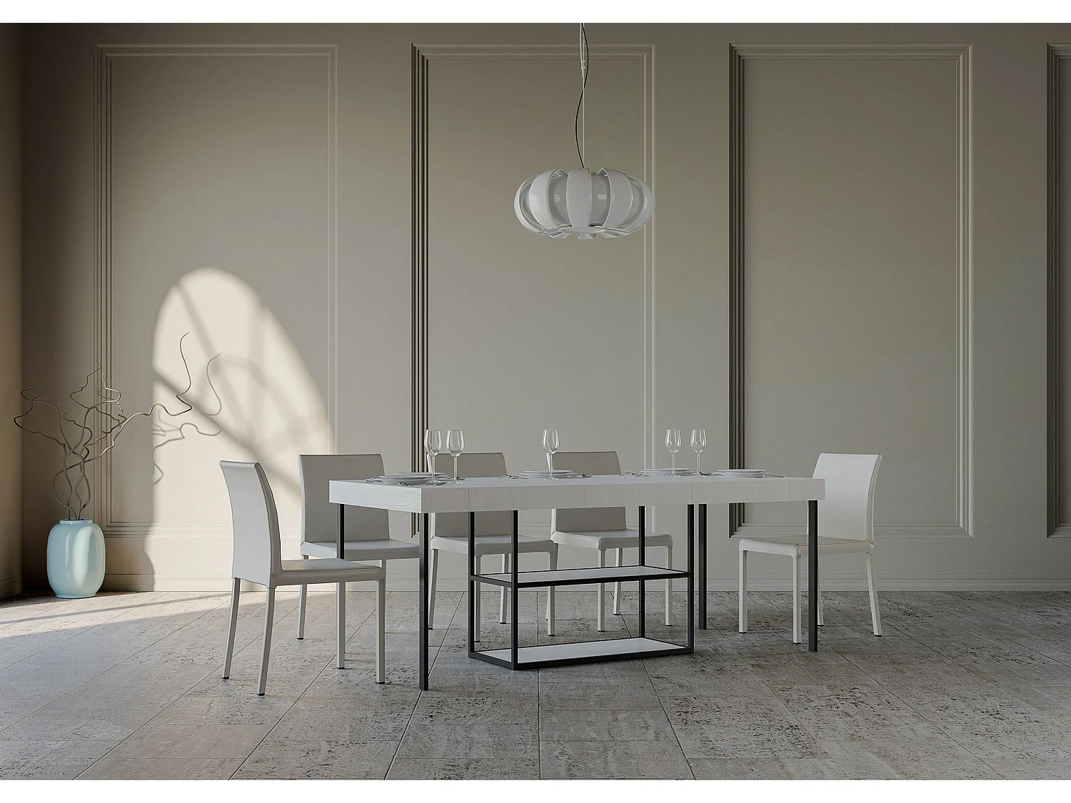 Console extensible 90x40/300 cm Plano Premium Frêne Blanc cadre Anthracite