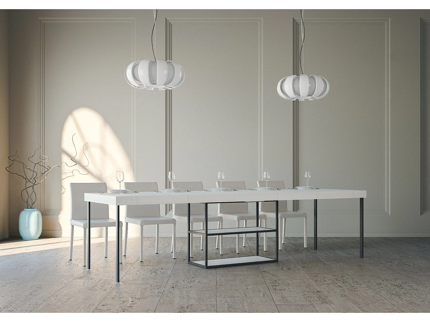 Console extensible 90x40/300 cm Plano Premium Frêne Blanc cadre Anthracite