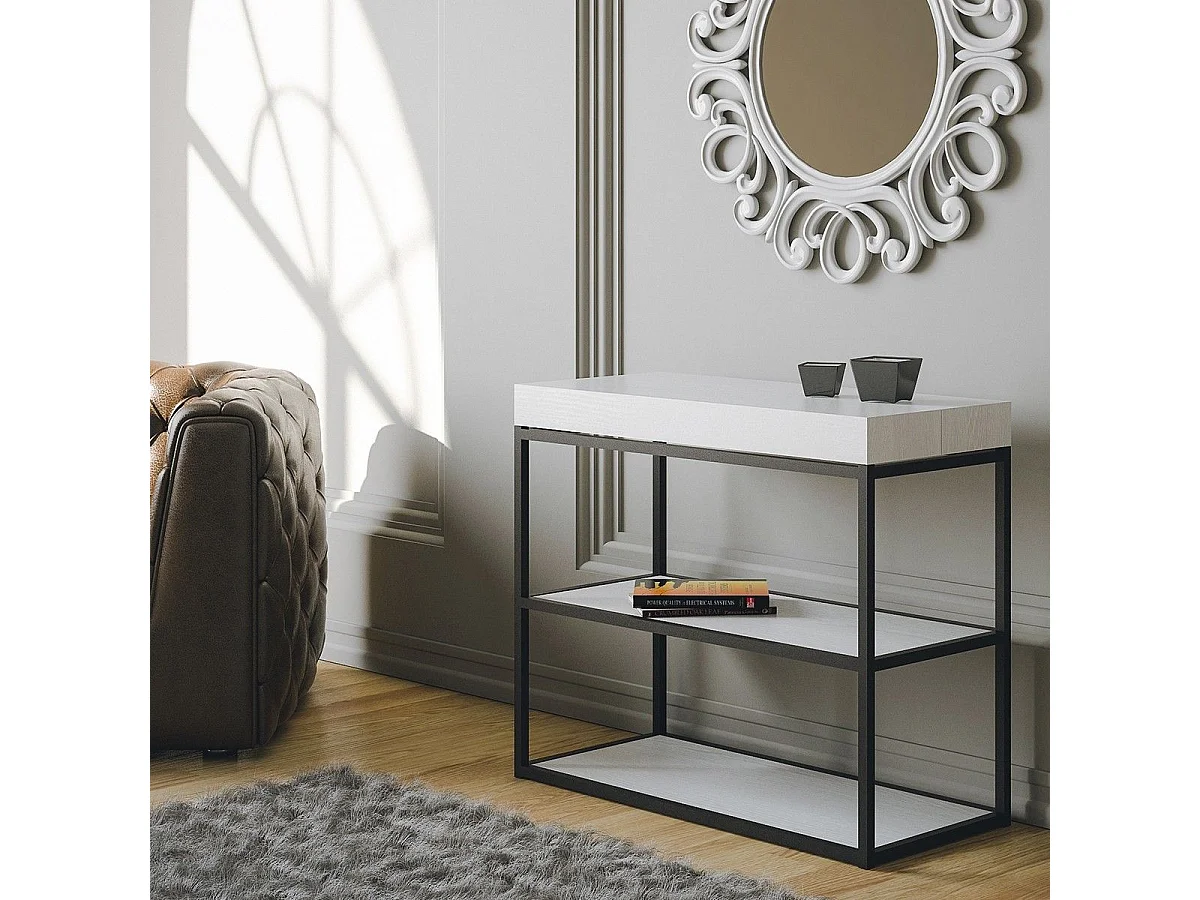 Console extensible 90x40/300 cm Plano Premium Frêne Blanc cadre Anthracite
