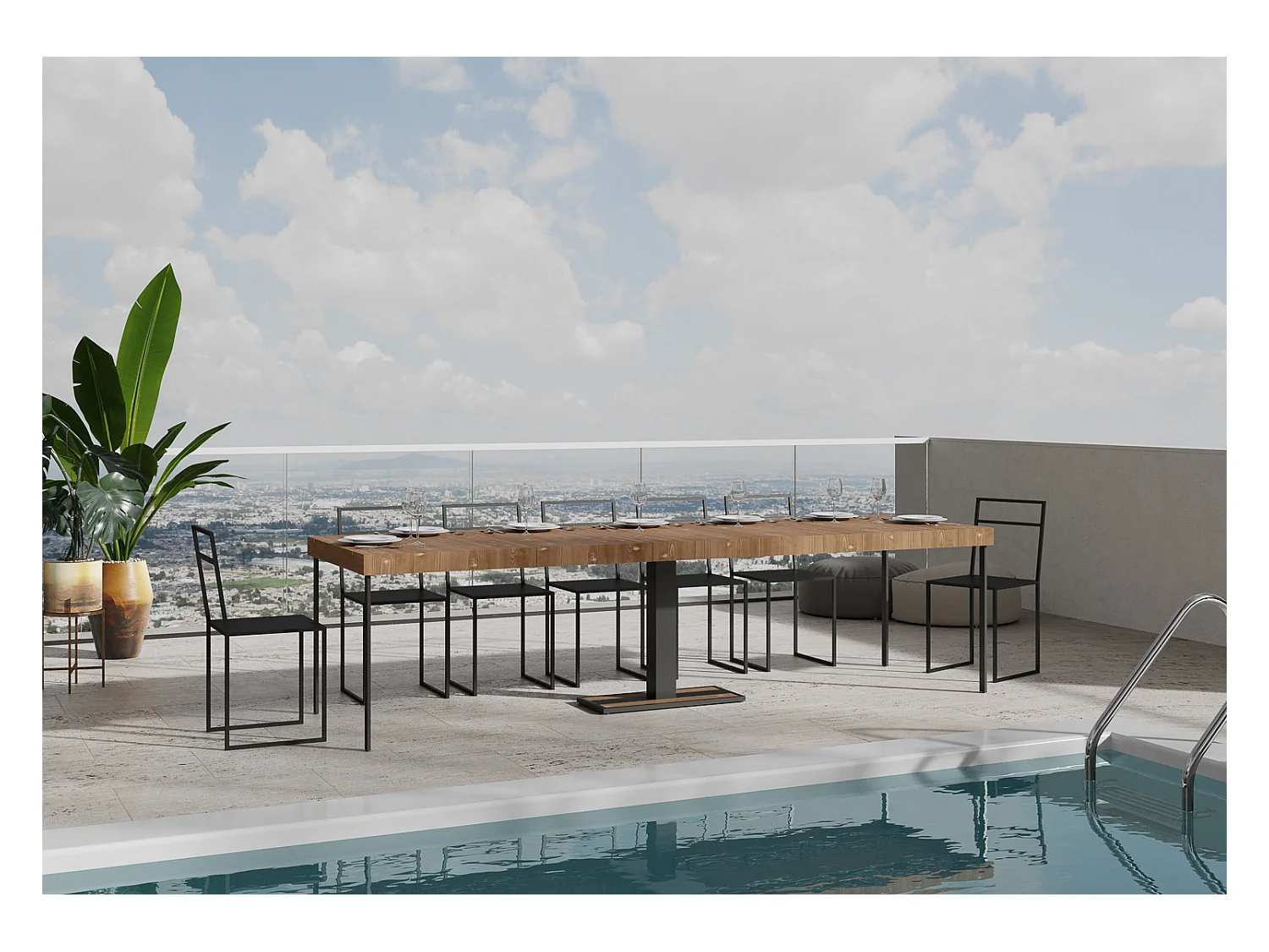 Uitschuifbare console in massief bruin dennenhout en antraciet stalen poten 40 tot 290 cm Mimo-Versie Premie