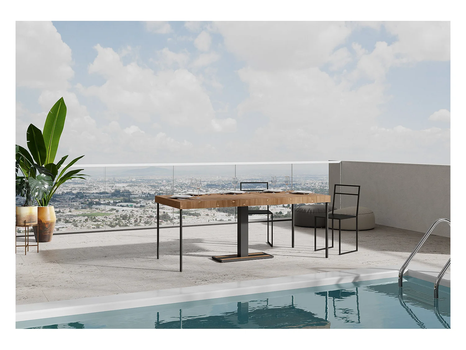 Uitschuifbare console in massief bruin dennenhout en antraciet stalen poten 40 tot 290 cm Mimo-Versie Premie