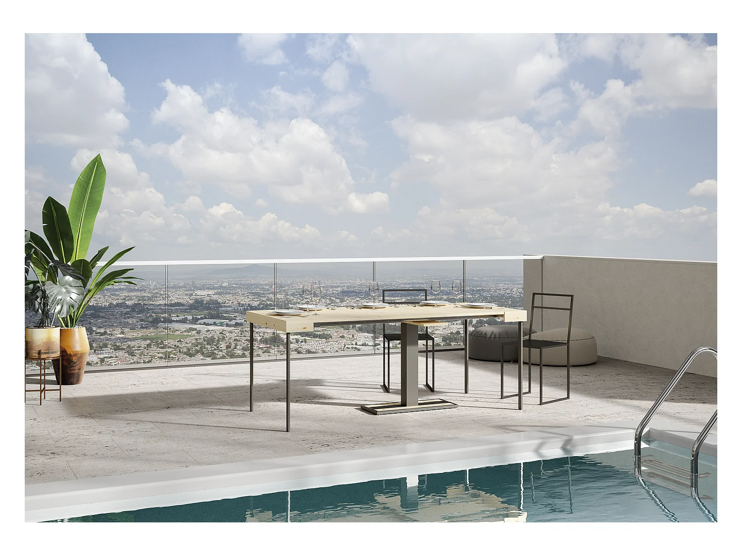 Uitschuifbare console in massief bruin dennenhout en antraciet stalen poten 40 tot 290 cm Mimo-Versie Premie