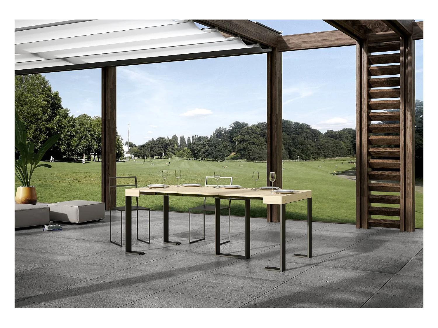 Consola extensible de abeto macizo claro con patas de metal antracita, 8 plazas, 40 a 190 cm Pirina Premium-Versión Básico