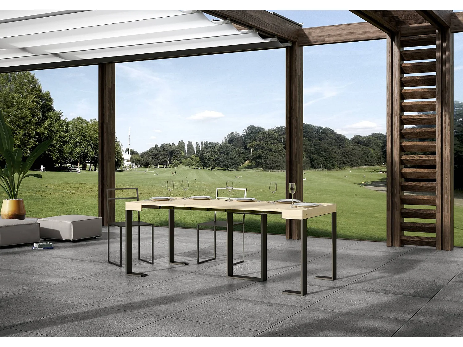 Consola extensible de abeto macizo claro con patas de metal antracita, 8 plazas, 40 a 190 cm Pirina Premium-Versión Básico