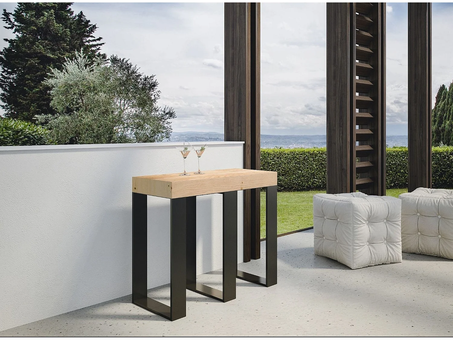 Consola extensible de abeto macizo claro con patas de metal antracita, 8 plazas, 40 a 190 cm Pirina Premium-Versión Básico