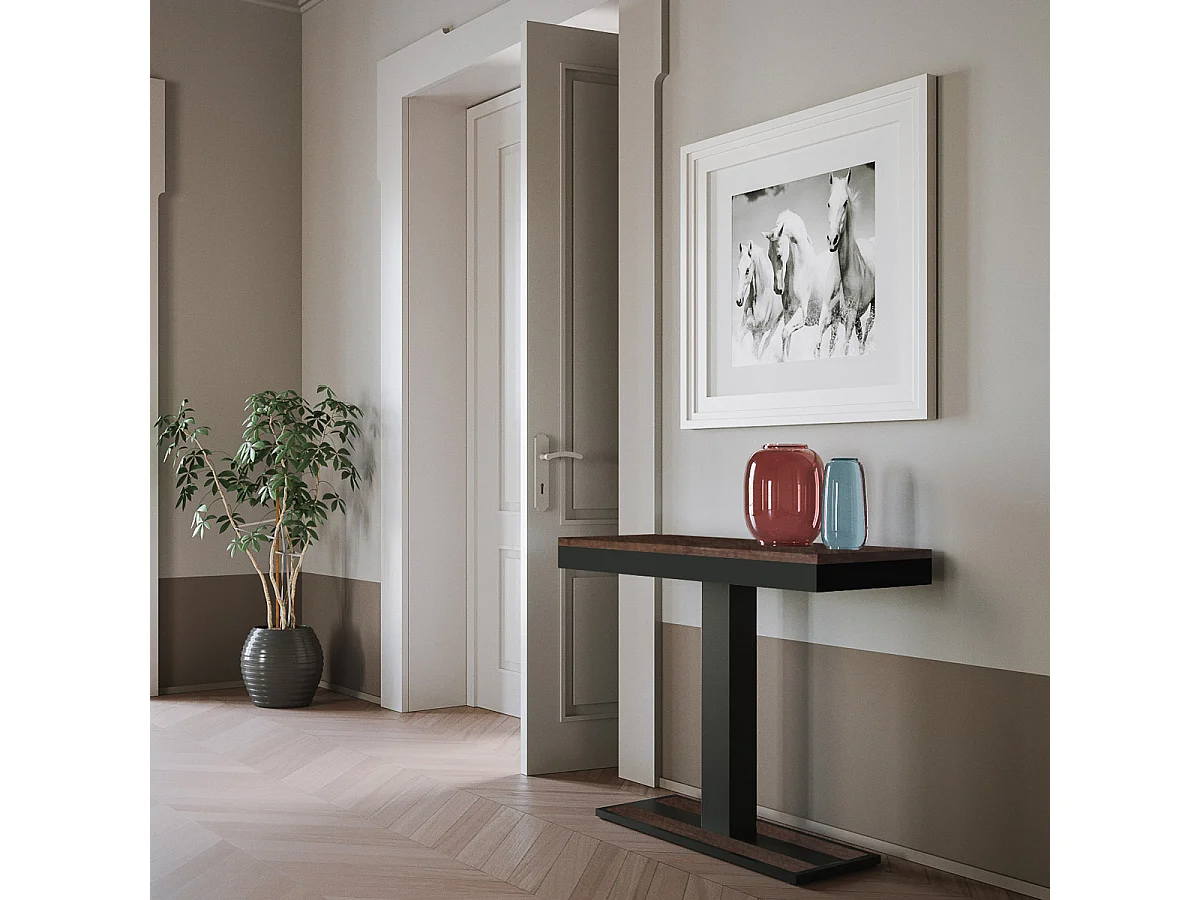 Designer uitschuifbare houten console met centrale poot Kapital evolution 90x40/196 of 90x40/300 cm-Kleur Bruin-Verlengsnoeren 3 uitbreidingen