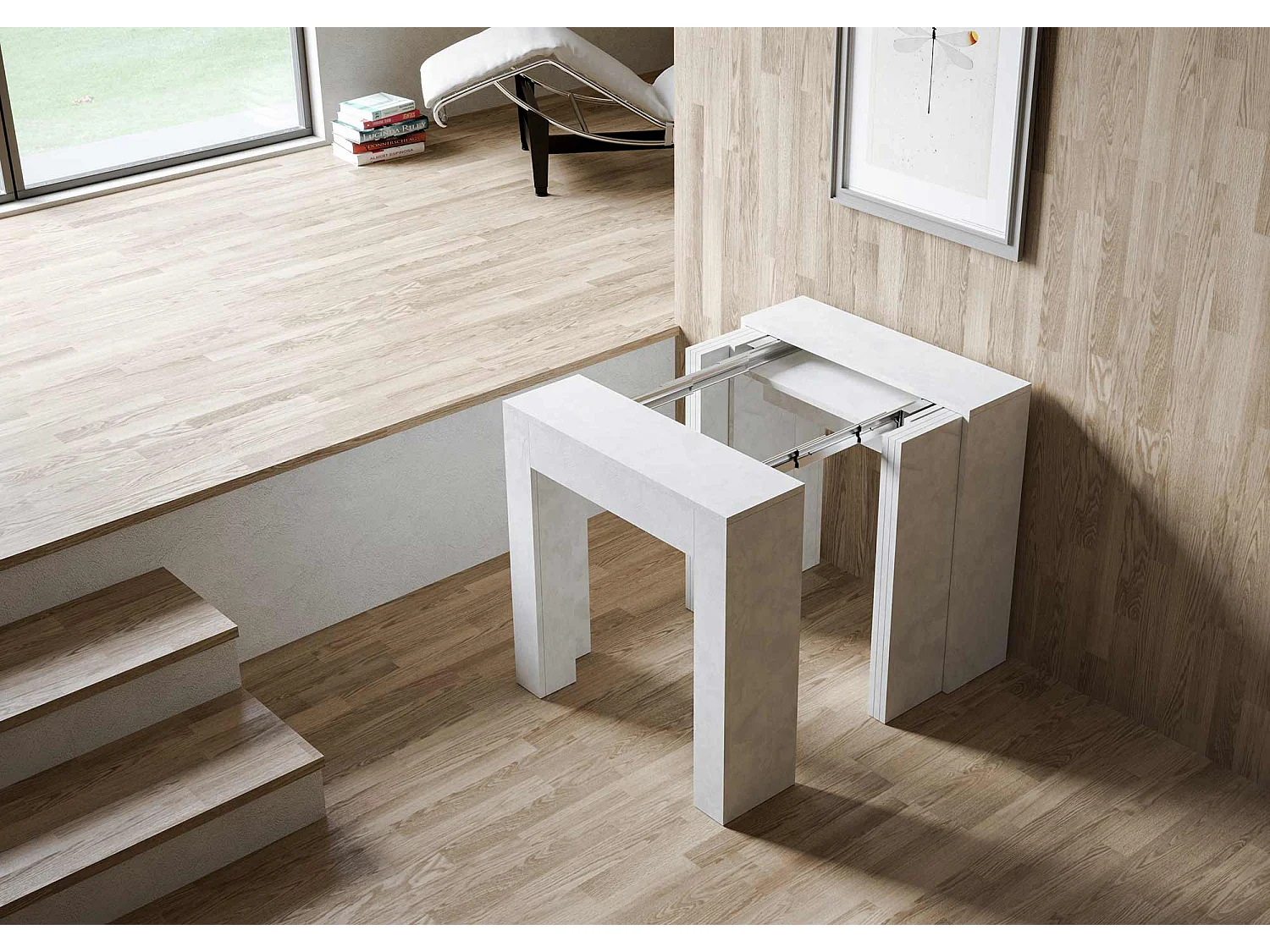 Console extensible 78x47/299 cm Allin blanc spatulé rallonges internes