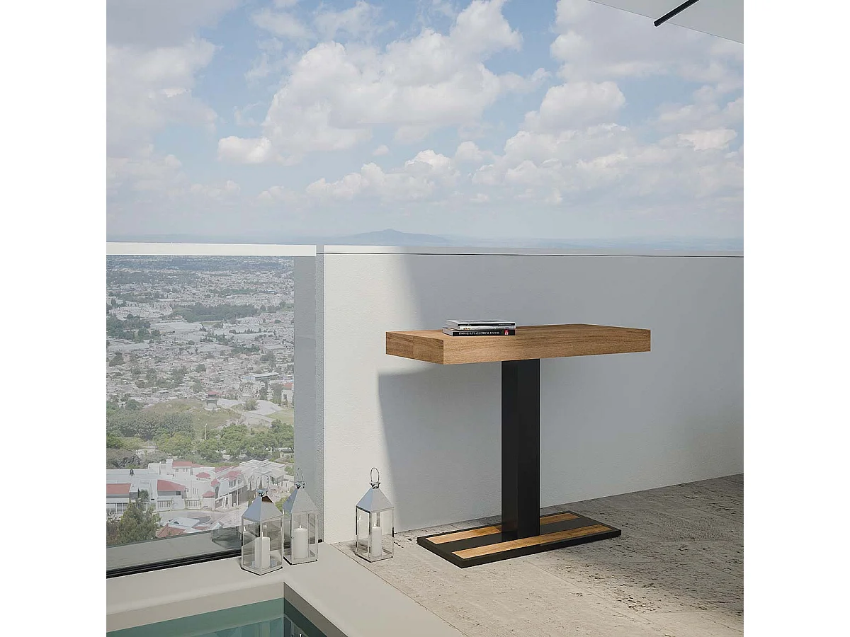 Designer uitschuifbare houten console met centrale poot Kapital 90x40/196 of 90x40/300 cm-Kleur Natuurlijk-Verlengsnoeren 3 dikke extensies