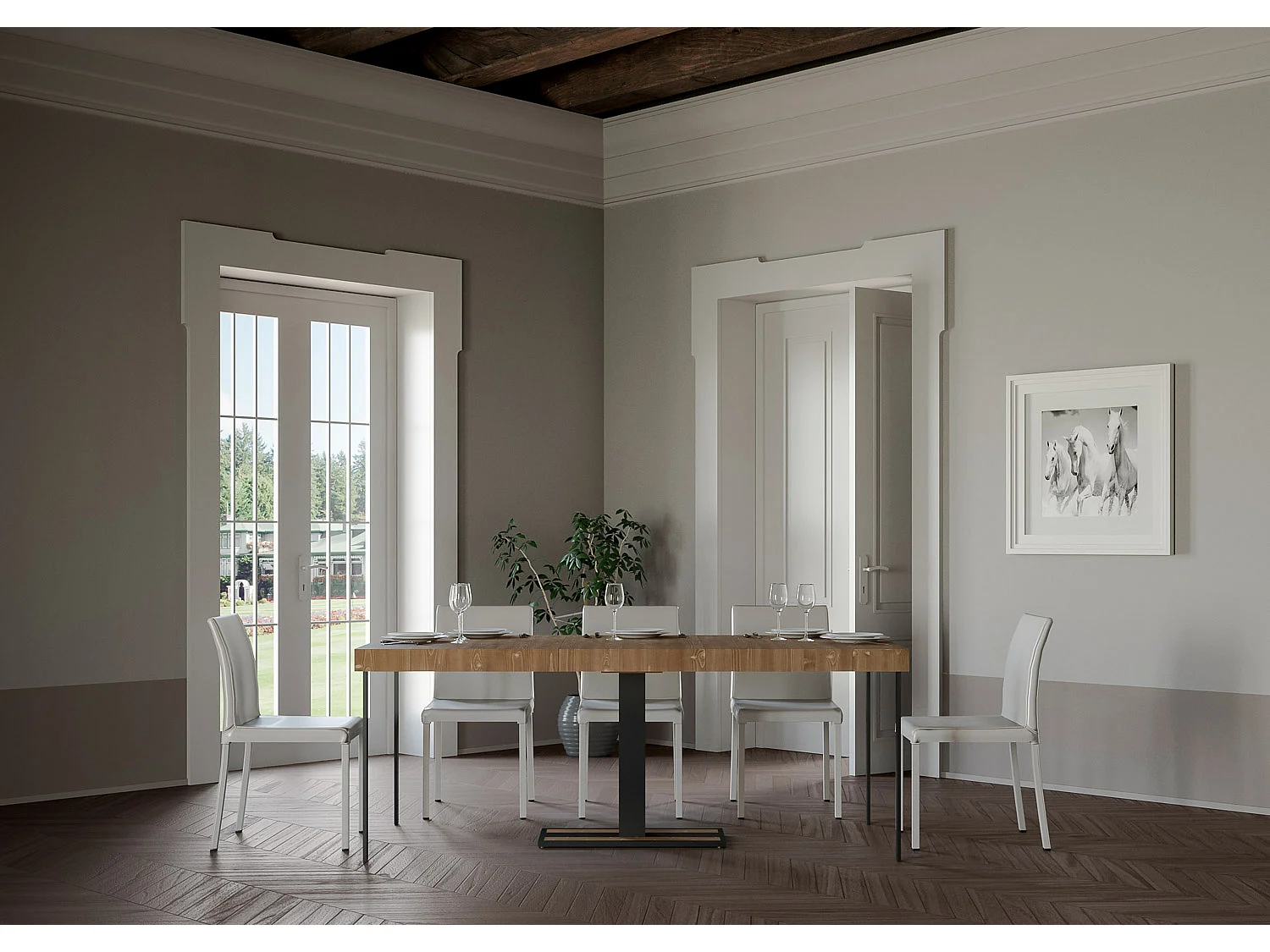 Designer uitschuifbare houten console met centrale poot Kapital 90x40/196 of 90x40/300 cm-Kleur Natuurlijk-Verlengsnoeren 3 dikke extensies
