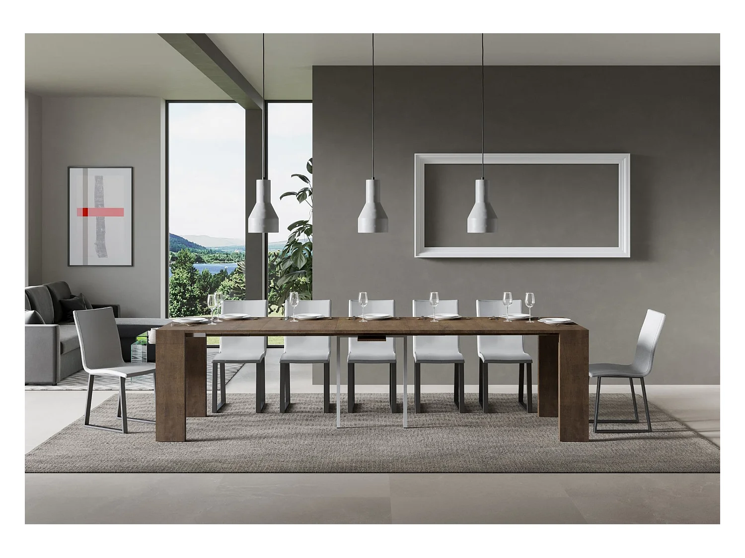 Consola extensible de madera Ribo 90x40/196 o 90x40/300 cm-Color Marrón-Soporte 2 pies-Alargaderas 5 extensiones