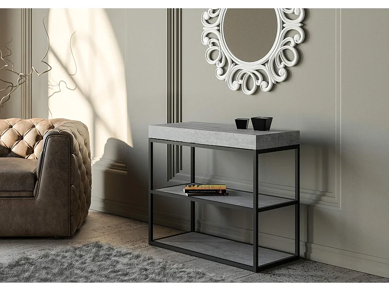 Console extensible 90x40/300 cm Plano Gris Béton cadre Anthracite