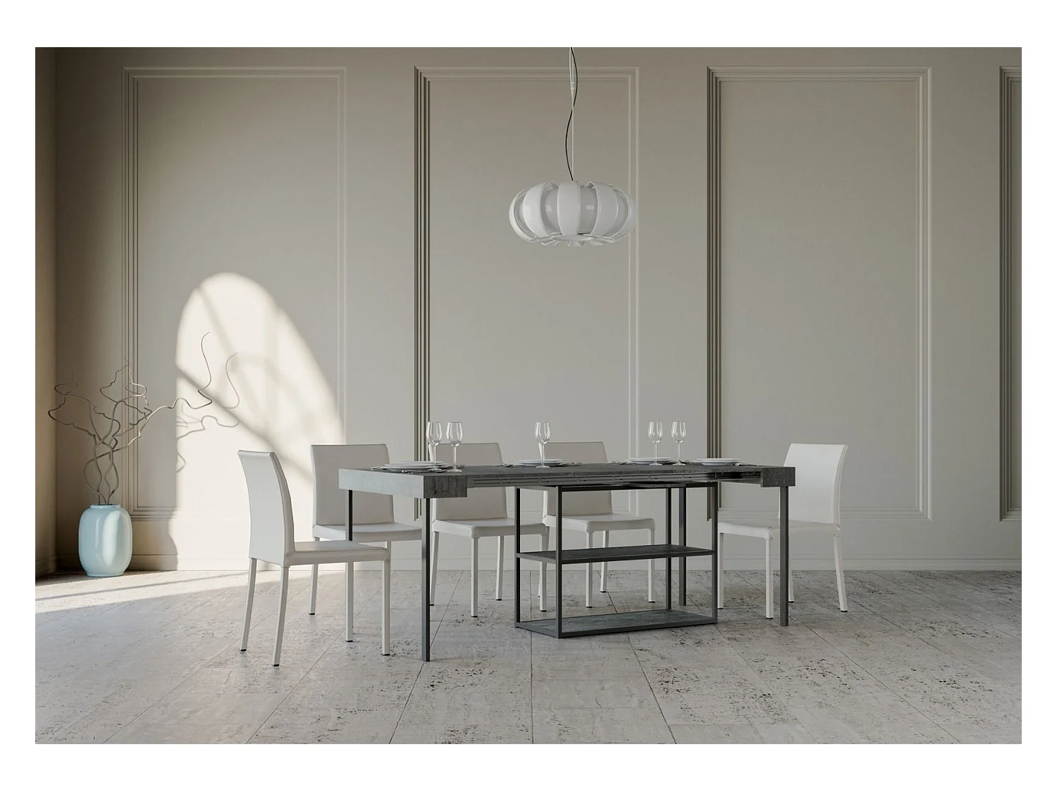 Ausziehbarer Konsolentisch 90x40/300 cm Plano Zement mit Eisenrahmen aus Anthrazit