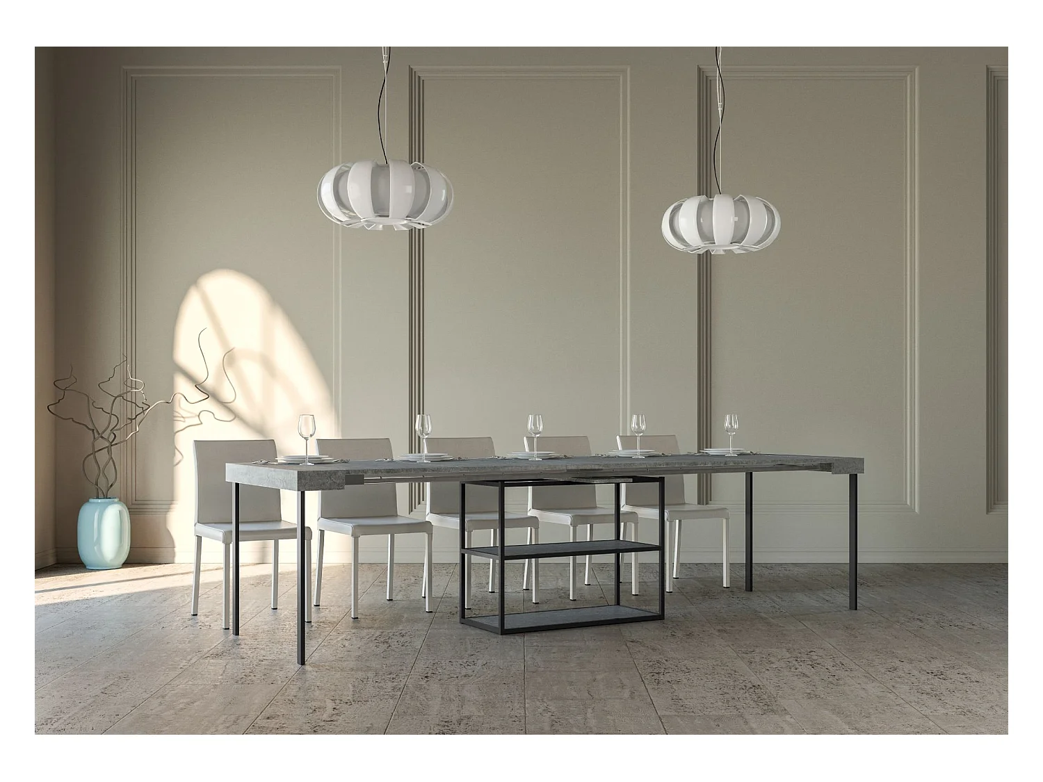 Ausziehbarer Konsolentisch 90x40/300 cm Plano Zement mit Eisenrahmen aus Anthrazit