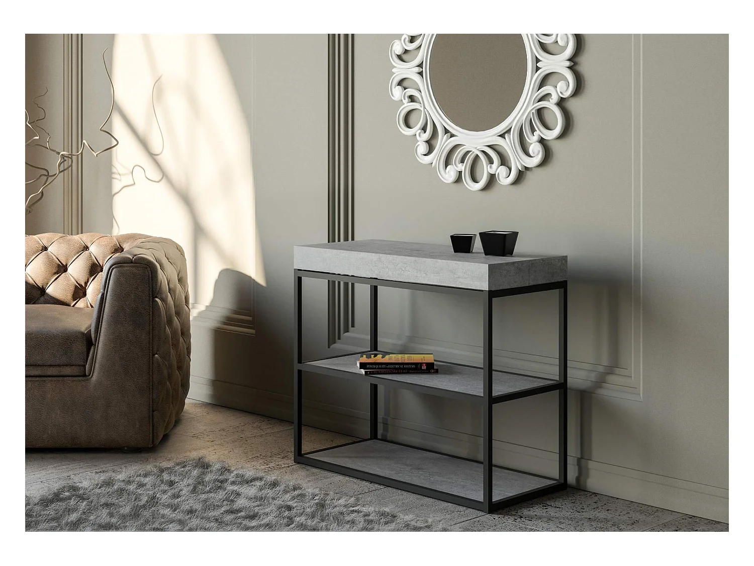 Console extensible 90x40/300 cm Plano Gris Béton cadre Anthracite